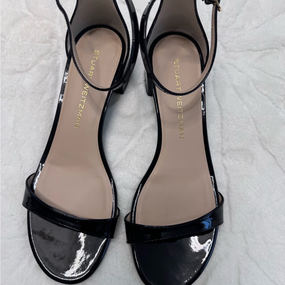 Stuart Weitzman Black Patent Open-Toe Ankle-Strap Sandals